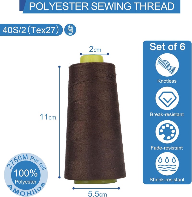 AMOHilos Polyester Sewing Thread All Purpose Knotless 40S/2 (Tex27) 6 Cones of 2750 Yards Each Spool Thread Total 16500 Yards for Serger Sewing Machine Quilting Piecing Hand Stitching (Chocolate) - Image 3